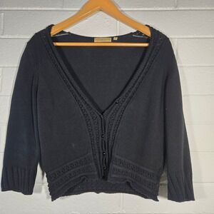 Vtg Notations Cardigan Sweater Large Black Cotton Cropped Knit Pointelle Boho